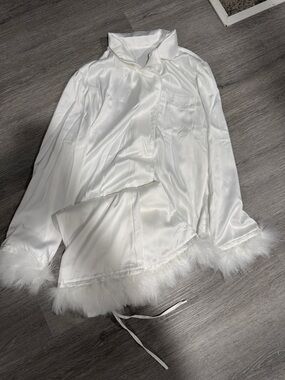 White Satin Feather Trim Pajama Set
